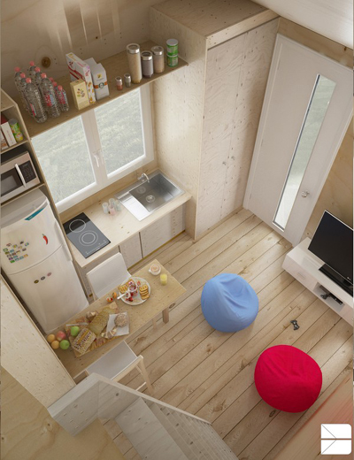 nhà gỗ siêu nhỏ, căn hộ cho người độc thân, nhà ốp gỗ, không gian sống