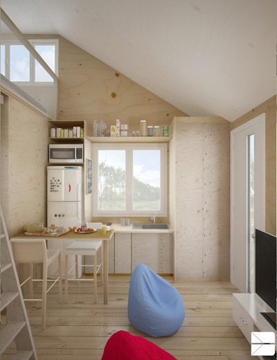 nhà gỗ siêu nhỏ, căn hộ cho người độc thân, nhà ốp gỗ, không gian sống