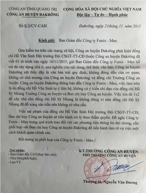 đội trưởng CSGT, xin đá xây nhà cho sếp, Quảng Trị, công an huyện ĐaKrông