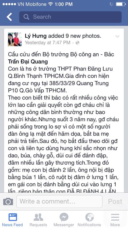 gia đình, tấn công, viết facebook, cầu cứu, Bộ trưởng CA, Bộ trưởng Trần Đại Quang, ông an TPHCM