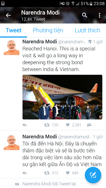 Thủ tướng Ấn Độ đăng tweet khi đặt chân đến Hà Nội