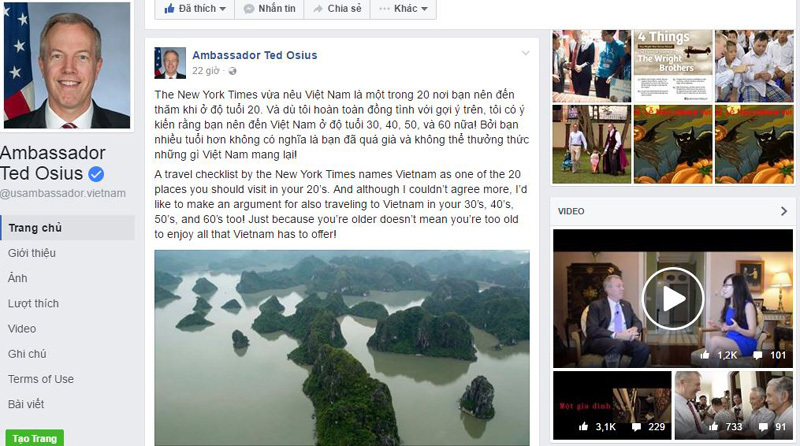 Trên Facabook, Đại sứ Mỹ tại Việt Nam Ted Osius mời gọi mọi người đến VN