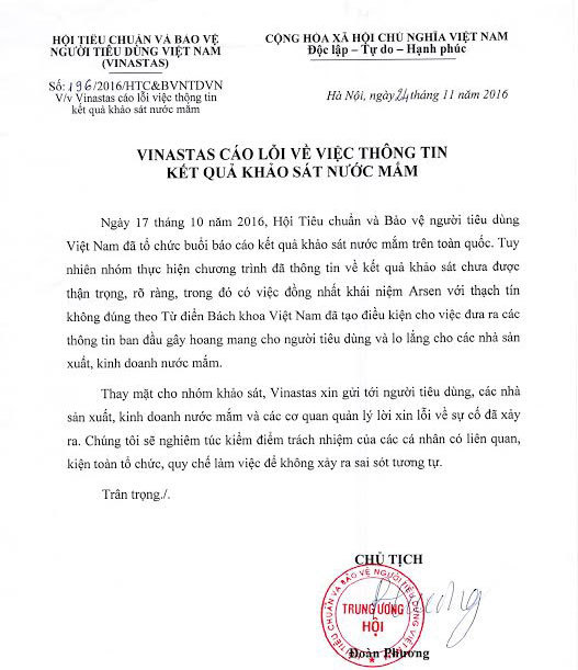 Vinastas chính thức xin lỗi người tiêu dùng về vụ nước mắm