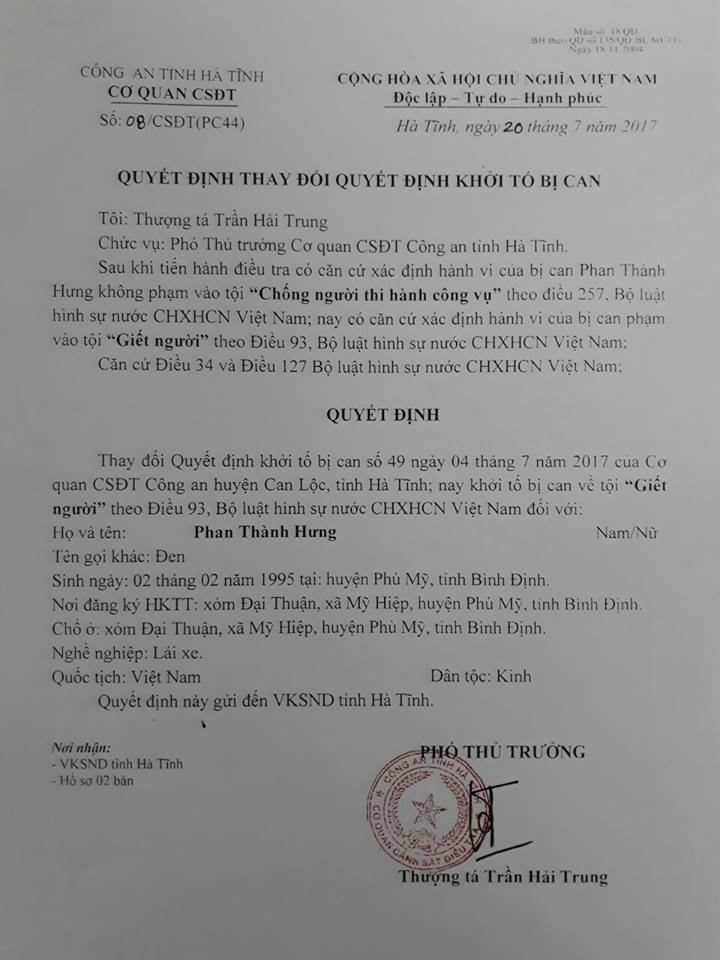 '. Tài xế hất văng CSGT ở Hà Tĩnh bị chuyển tội giết người .'