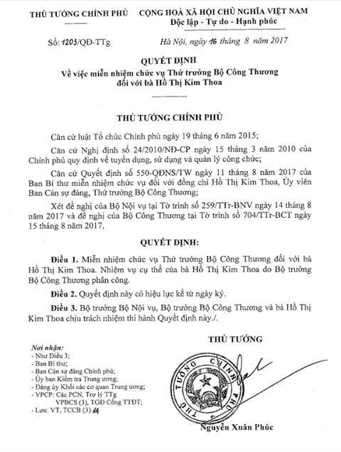 Thứ trưởng Hồ Thị Kim Thoa, Bộ Công thương, Hồ Thị Kim Thoa, miễn nhiệm