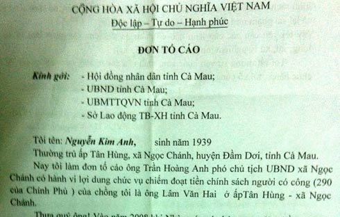 người có công, tố giác, trợ cấp, chiếm đoạt, Ngọc Chánh, Đầm Dơi