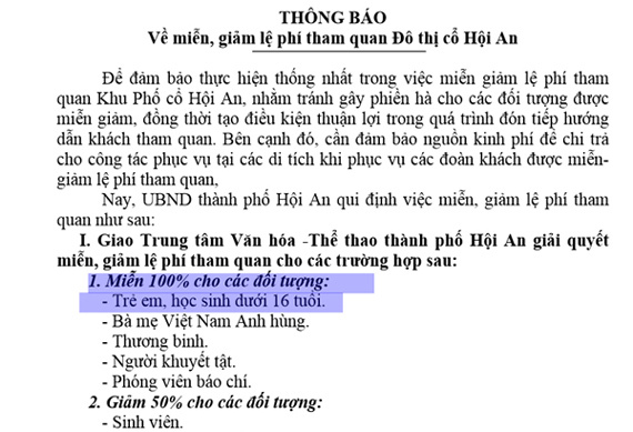 Trẻ em thăm phố cổ Hội An phải mua vé, trong khi trang web của Trung tâm Văn hóa - Thể thao Hội An công bố miễn phí cho người dưới 16 tuổi