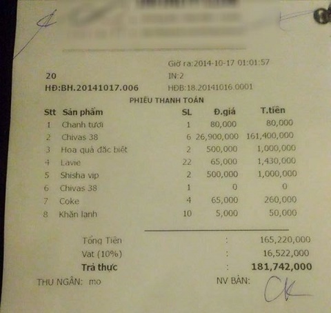 Hóa đơn hơn 181 triệu đồng ở một quán bar Hà Nội