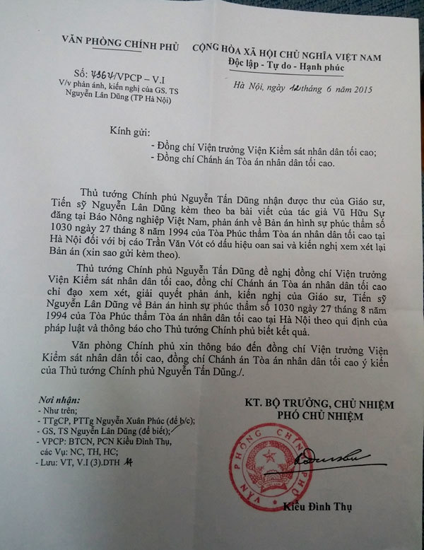 Thủ tướng, án oan, 22 năm, Trần Văn Vót, Hà Nam