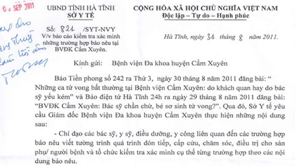 Hồi âm khó hiểu của Sở Y tế Hà Tĩnh