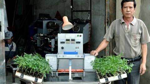 Nông dân chế tạo máy cắt ghép cây con giống cà chua