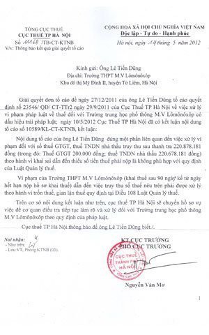 Sẽ xử lý việc trốn, gian lận thuế ở THPT M.V.Lômônôxốp