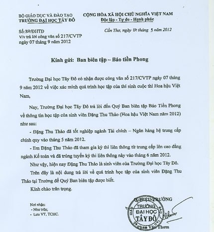 ĐH Tây Đô: Thu Thảo là sinh viên cao đẳng