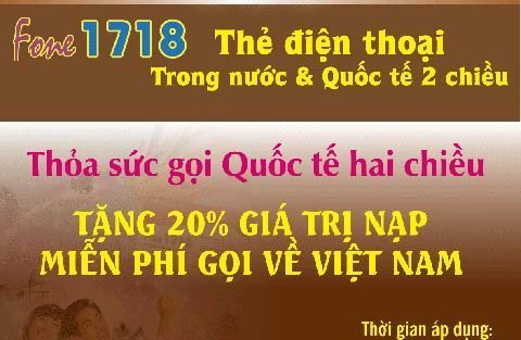 Fone1718 tặng 20% giá trị thẻ nạp