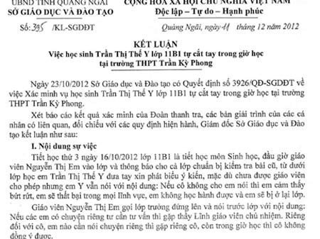 Kết luận vụ nữ sinh cắt tay phản đối cô giáo