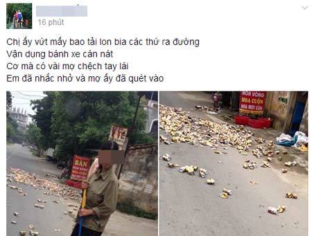 Kỳ quặc người phụ nữ rải hàng trăm lon bia ra đường