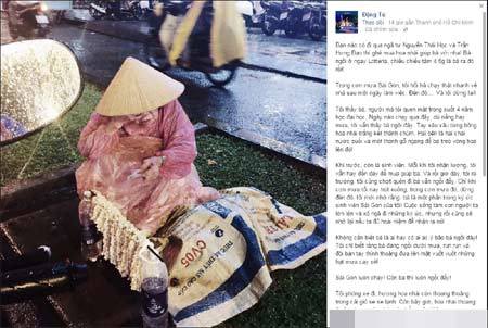 Bà cụ ngồi giữa mưa lớn bán hoa mưu sinh ở Sài Gòn