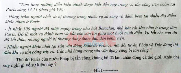 'Khủng bố Paris' vào đề thi lớp 11 chuyên văn