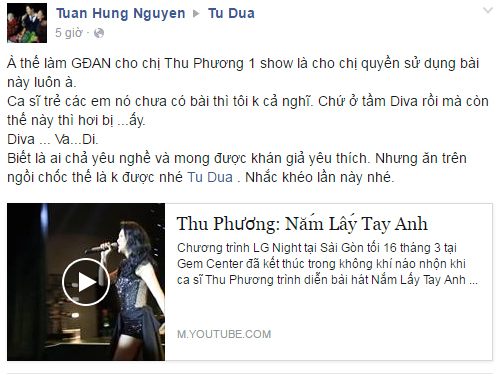 Tuấn Hưng trách Thu Phương hát bài Nắm lấy tay anh