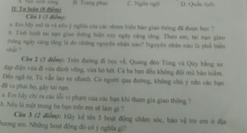 Đề kiểm tra Giáo dục công dân ra ẩu khiến phụ huynh bức xúc