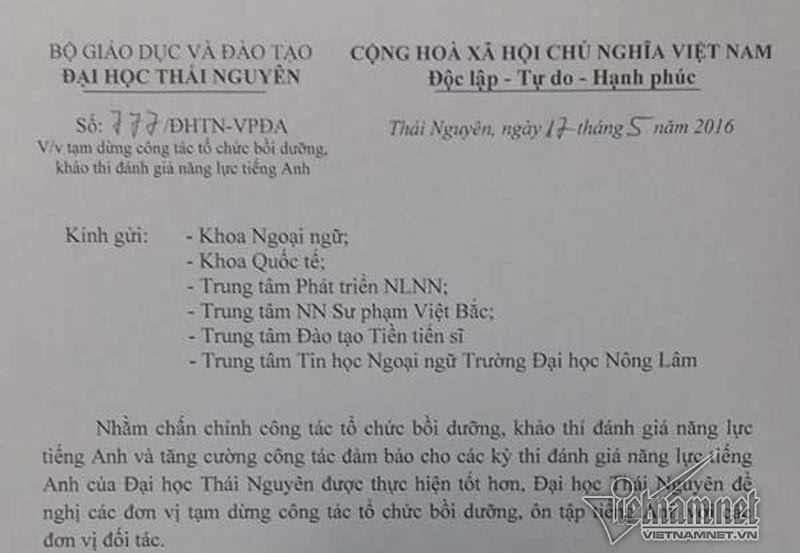 ĐH Thái Nguyên tạm dừng thi, cấp chứng chỉ tiếng Anh