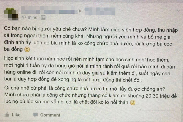 Giáo viên thu nhập tháng 30 triệu vẫn bị nhà người yêu dè bỉu