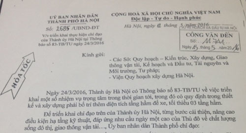 Công văn hỏa tốc về công trình cao tầng phải có tối thiểu 3 tầng hầm