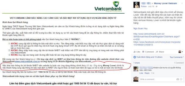 Vietcombank: Có thể mất tài khoản ngân hàng khi dùng Việt Money Lover