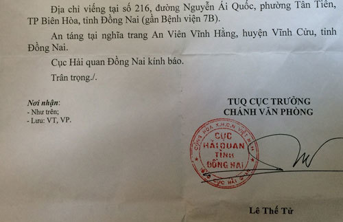 Mẹ cục trưởng chết, Hải quan tỉnh phát tin đóng dấu đỏ