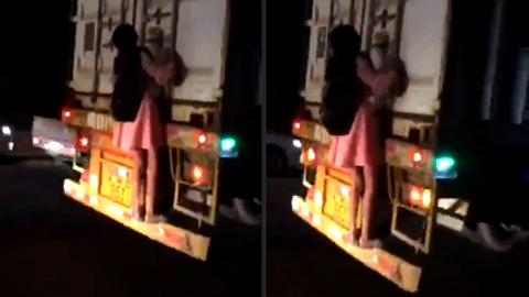 Nữ sinh liều bám đuôi container trong đêm trên xa lộ