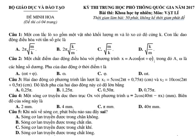 Đề thi minh họa môn Vật lý kỳ thi THPT quốc gia 2017