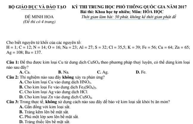 Đề thi minh họa môn Hóa học kỳ thi THPT quốc gia 2017