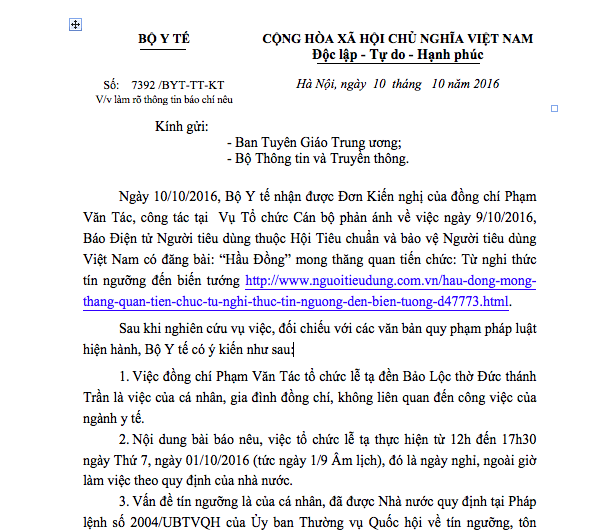 Bộ Y tế lên tiếng về clip Vụ trưởng hầu đồng