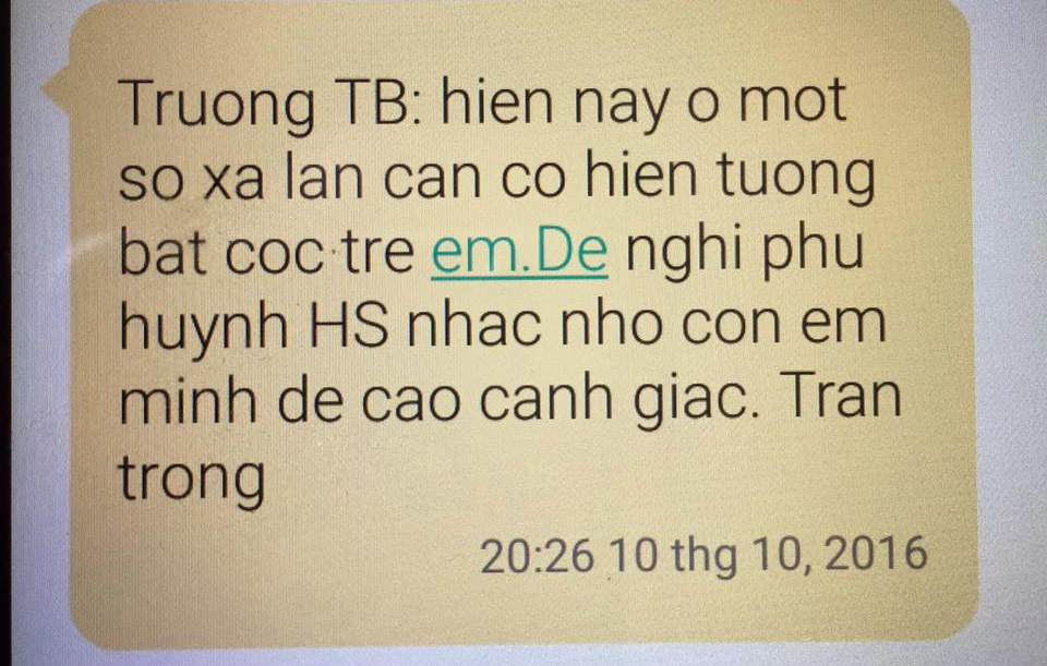 Hưng Yên: Hoang mang tin nhắn gửi phụ huynh cảnh giác bắc cóc