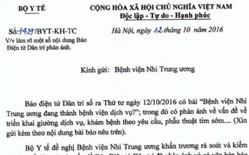 Bộ Y tế yêu cầu BV Nhi làm rõ vấn đề giá dịch vụ cao nhất nước