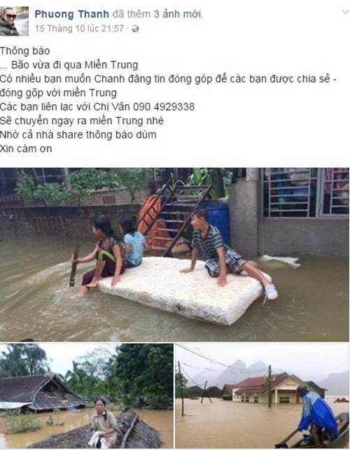 Thanh Lam, Đàm Vĩnh Hưng, Trọng Tấn, Tùng Dương, Phương Thanh, ủng hộ người dân miền Trung