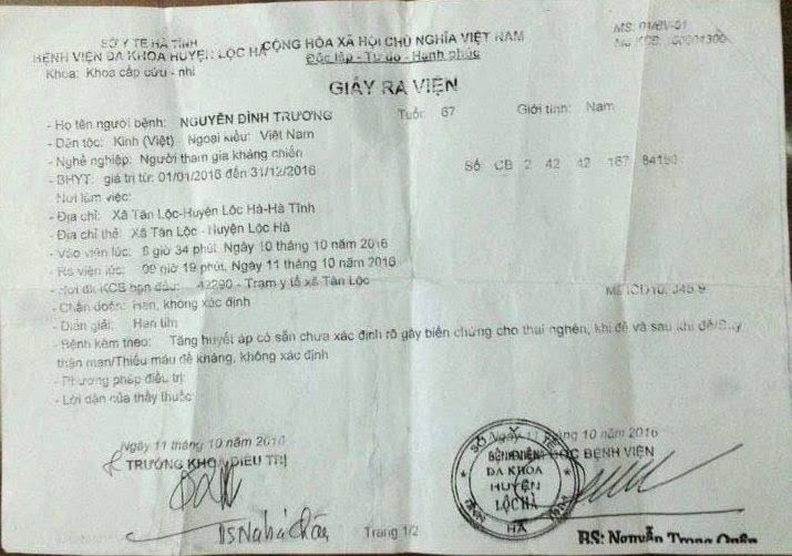 Cụ ông chết, giấy ra viện ghi biến chứng thai nghén