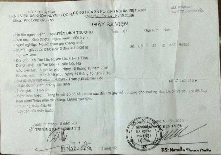 Vì sao cụ ông chết, giấy ra viện ghi 'biến chứng thai nghén'