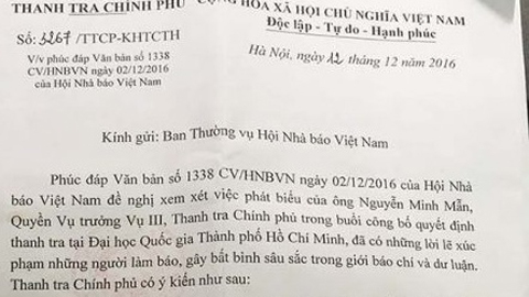 Thanh tra Chính phủ trả lời về vụ việc ông Nguyễn Minh Mẫn