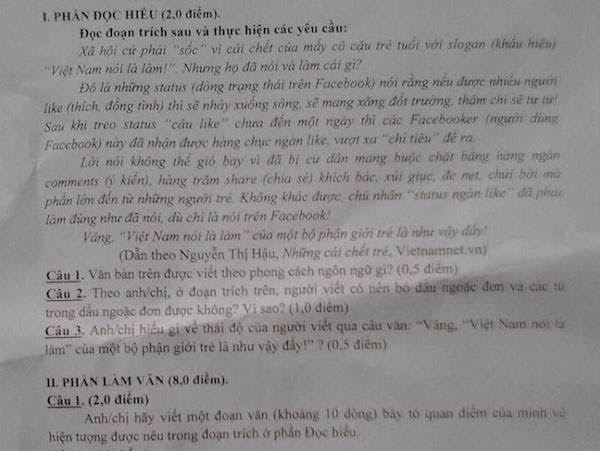 Đưa nội dung báo VietNamNet vào đề kiểm tra học kỳ