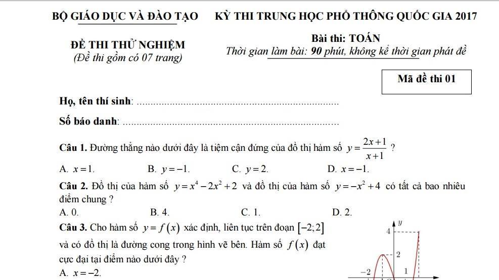 Đề thi thử nghiệm môn Toán kỳ thi THPT quốc gia năm 2017