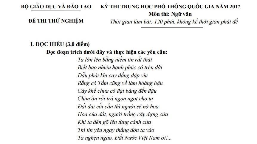 Đề thi thử nghiệm môn Ngữ văn kỳ thi THPT quốc gia năm 2017