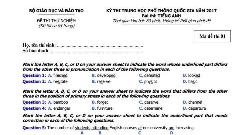 Đề thi thử nghiệm môn Tiếng Anh kỳ thi THPT quốc gia năm 2017