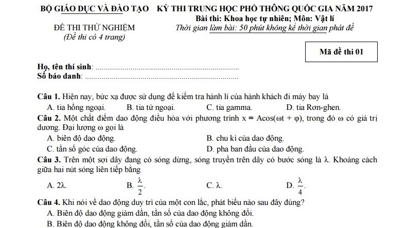 Đề thi thử nghiệm môn Vật lý kỳ thi THPT quốc gia năm 2017