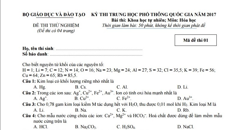 Đề thi thử nghiệm môn Hóa học kỳ thi THPT quốc gia năm 2017