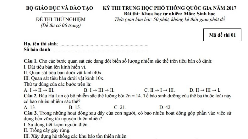 Đề thi thử nghiệm môn Sinh học kỳ thi THPT quốc gia năm 2017