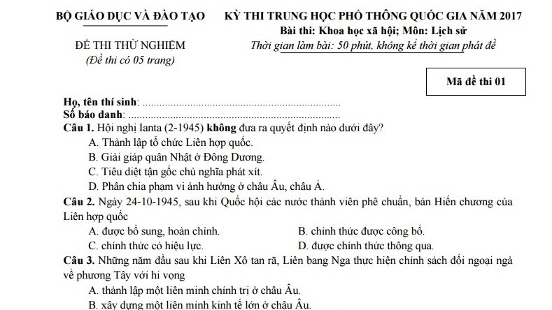Đề thi thử nghiệm môn Lịch sử kỳ thi THPT quốc gia năm 2017