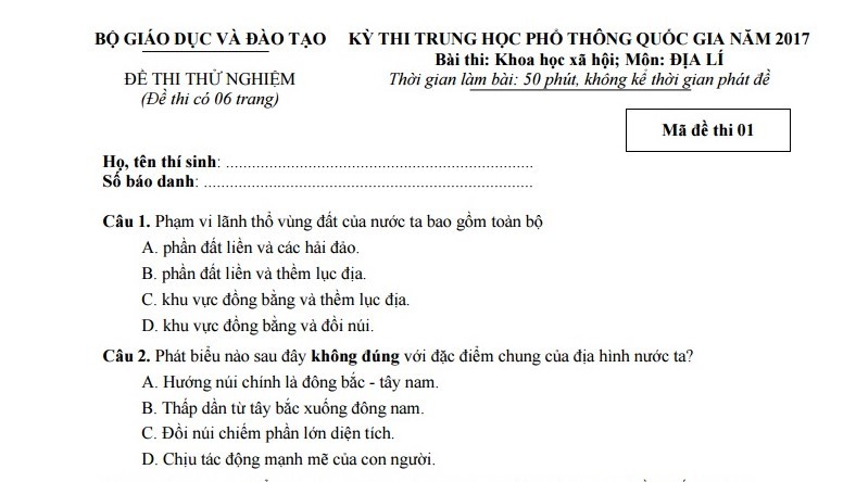 Đề thi thử nghiệm môn Địa lý kỳ thi THPT quốc gia năm 2017