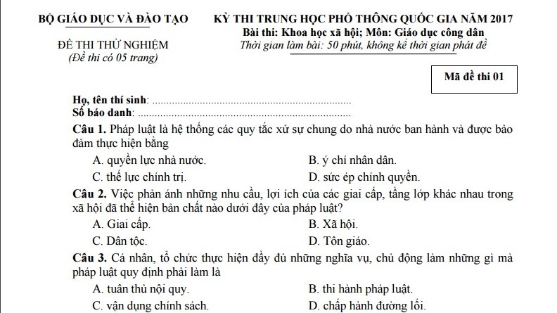 Đề thi thử nghiệm môn Giáo dục công dân kỳ thi THPT quốc gia năm 2017