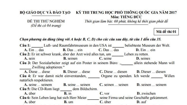 Đề thi thử nghiệm môn Tiếng Đức kỳ thi THPT quốc gia năm 2017